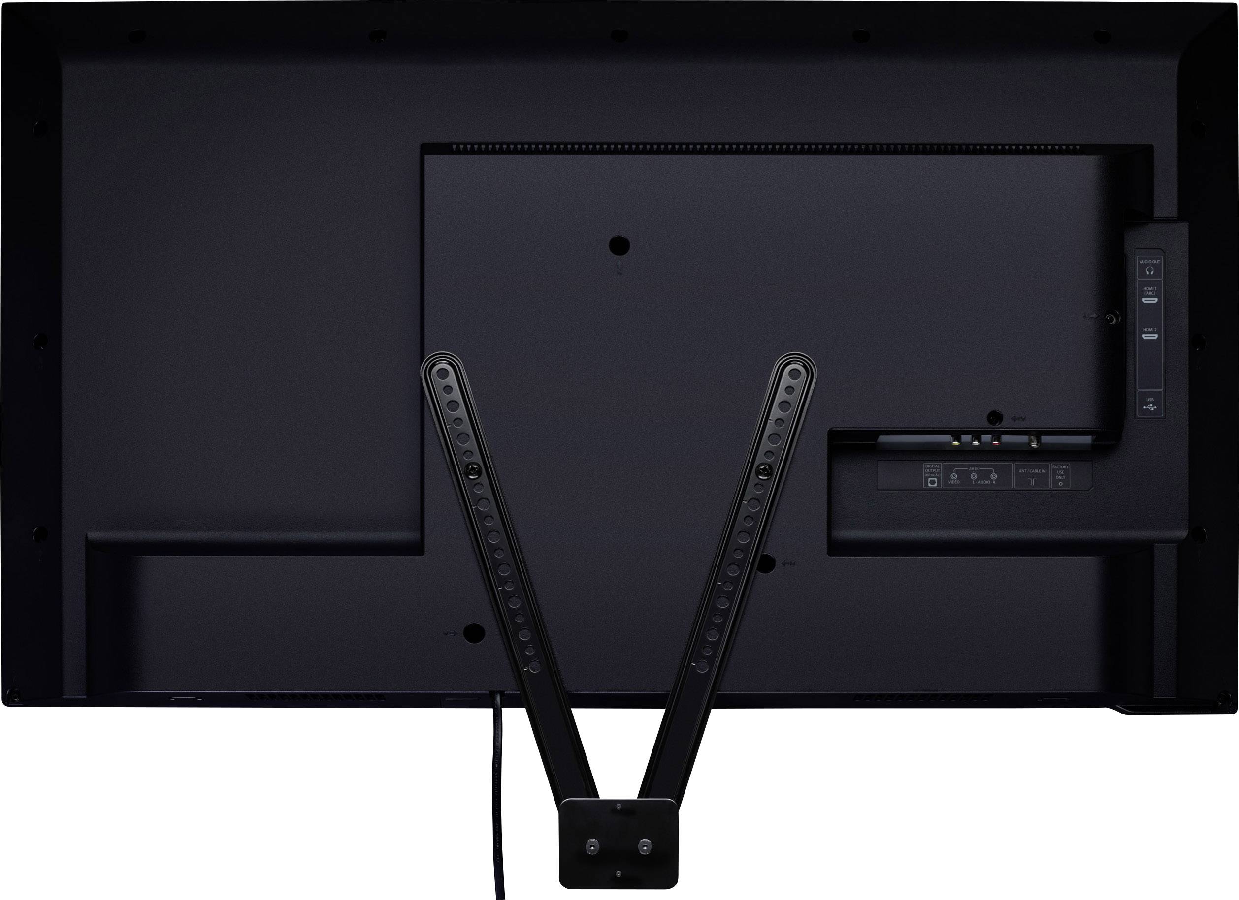 Back of a black monitor with a V-shaped stand and visible connection and control elements on the right side.