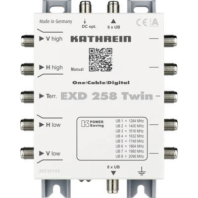 Multiswitch 'Kathrein EXD 258 Twin' with frequency specifications and multiple connections, manufactured in Germany.