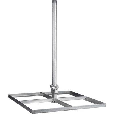 A metallic roof mount with a square base frame and vertical pipe, used for securing antennas or other equipment.