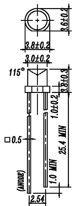 Technical drawing of an electronic component with dimensions, pin spacings, and angle specification.