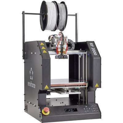 3D printer with two spools on top, showing the open print bed and control elements below. Model 'renkforce RF-2000'.