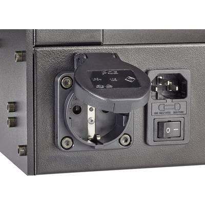 A computer power supply with an exposed earthed plug and a toggle switch next to it, which is set to 'O' (off).