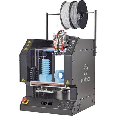 A 3D printer with two filament spools is printing a blue, screw-shaped object. Brand 'renkforce RF2000'.