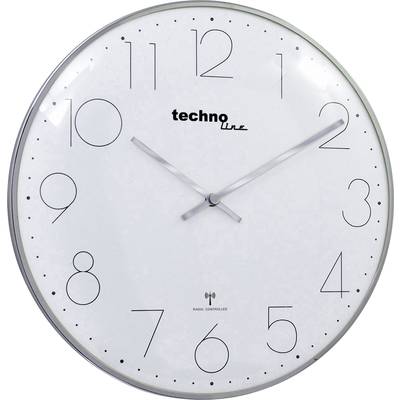 White wall clock with black numerals and silver hands at two o'clock.