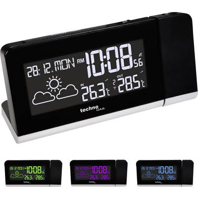 Digital alarm clock shows 28.12., Monday, 10:08. Indoor temperature 26.3°C, outdoor temperature 28.5°C. Displays weather forecast with cloud symbol.