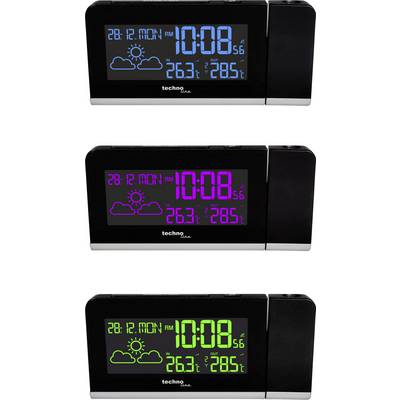 Digital alarm clock in three views: Display of date (28.12.), time (10:08), weather and temperature (26.3°C indoor, 28.5°C outdoor) in blue, magenta and green.