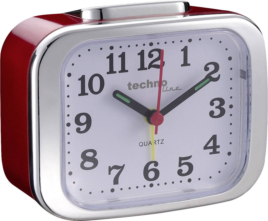A red analogue alarm clock shows 10:10. The clock has black numerals and hands, with a red second hand.