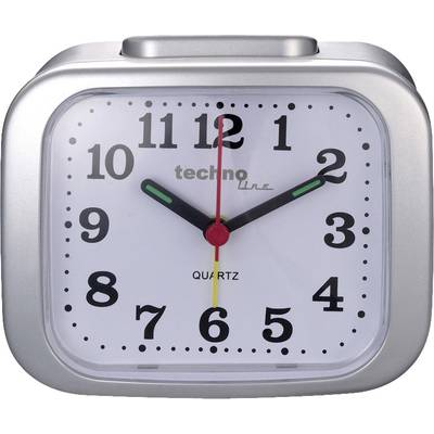 Silver alarm clock with an analogue display, white dial face, Arabic numerals, and red hands, showing 10:10.