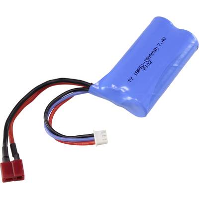 Blue battery with red and black cables and a white connector. Label: 'TY 1865-1 1500mAh 7.4V PB22'.