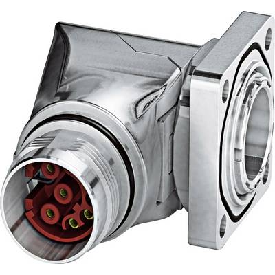 A silver, angled connector with red and green contacts, mounted on a metal plate. It serves electrical connections.