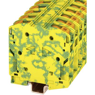 Several yellow-green terminal blocks mounted side by side on a metal rail, for electrical connections.