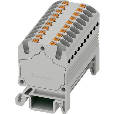 Grey electrical connector with multiple orange terminal connections, mounted on a DIN rail.