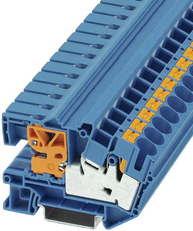 Electrical terminal block with blue rails and orange contacts, used for securing and wiring electrical lines.