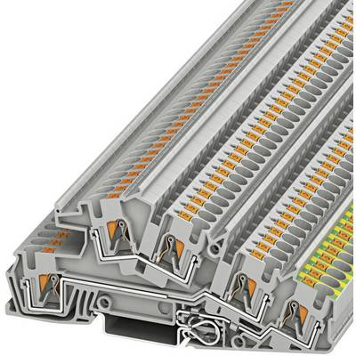 Stack of grey, modular terminal blocks with coloured markings, used for electrical installation.