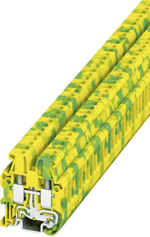 Yellow-green plastic terminal block with metallic conductor contacts. Used for electrical connections in distribution boxes.