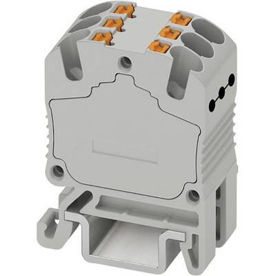 A grey electrical connector with multiple terminal blocks and an orange marking, suitable for DIN rail mounting.