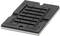 Black mounting plate with multiple rectangular cutouts and rows of holes, for securing electronic components.