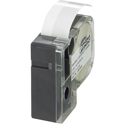 A cassette with white label tape, suitable for printing devices. It has a clear plastic cover and a brand sticker.