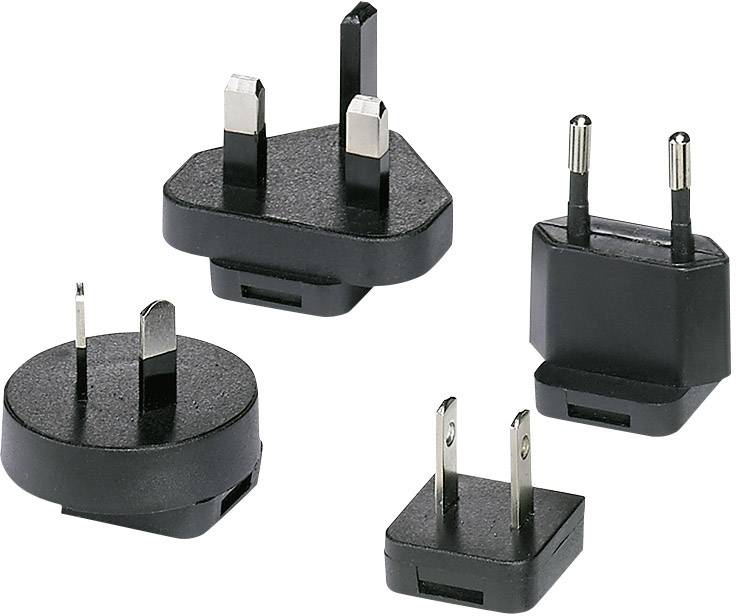 Various black plug adapters for different countries: three-pin, two-pin, UK, EU plugs.