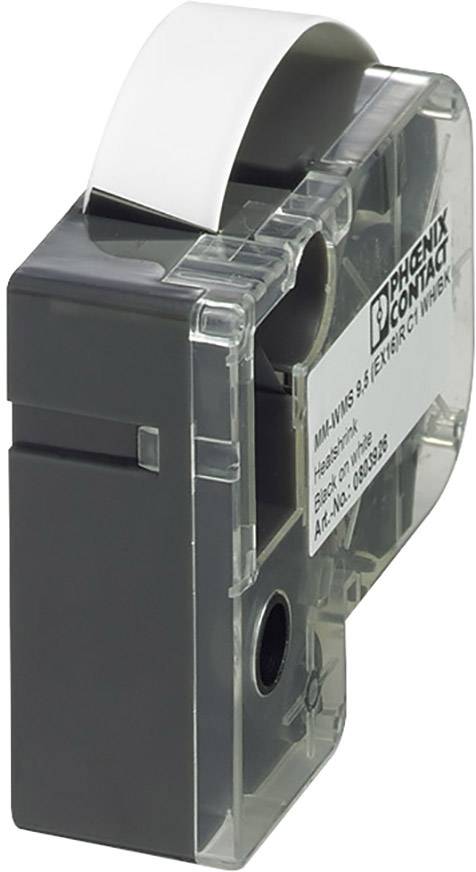 A grey printer label dispenser with a visible label roll, transparent housing, with the 'Phoenix Contact' brand logo on the side.