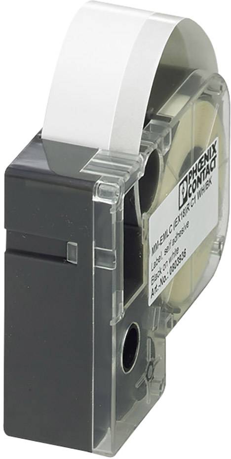 A black, rectangular cartridge with a transparent casing, containing a white band. Label with 'Phoenix Contact' and product information.