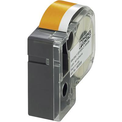 Grey and translucent label printer with an orange label roll, brand logo and product information on the front side.
