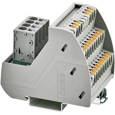 Electrical terminal block in grey colour with multiple connections and orange levers; Phoenix Contact brand identifiable.