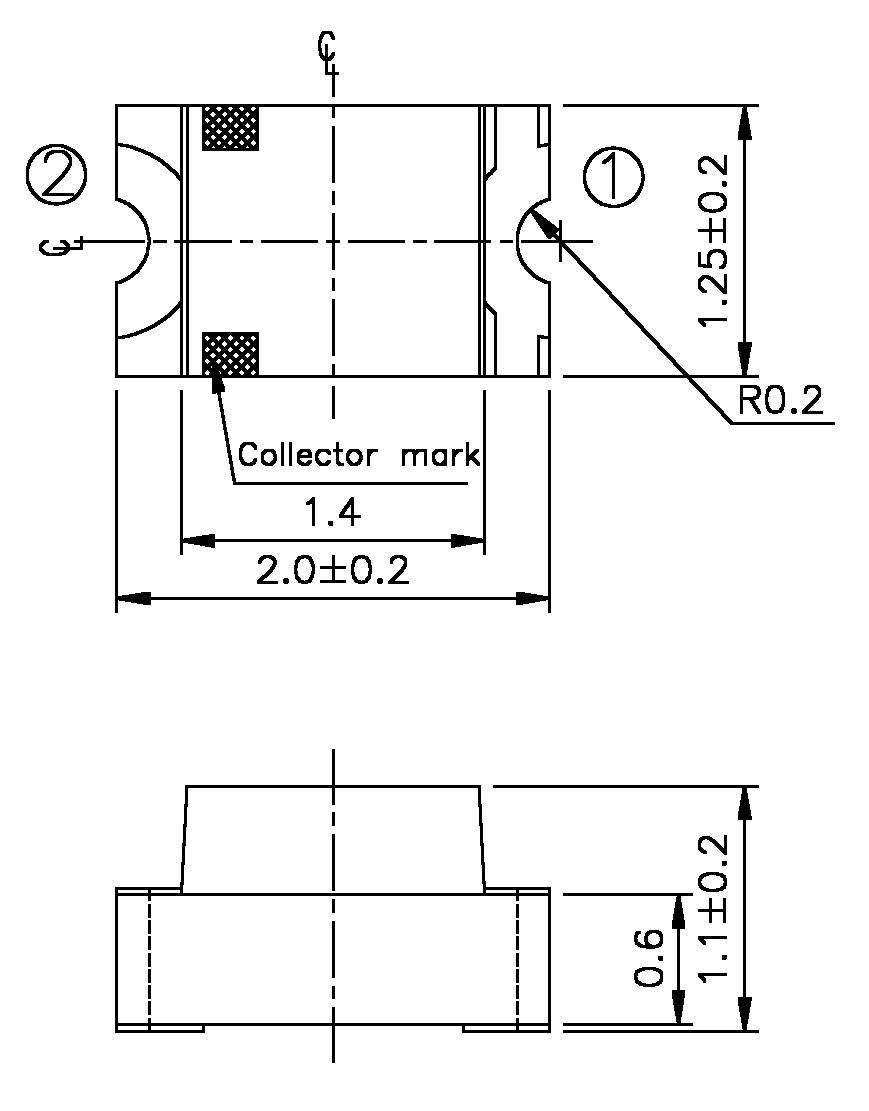 Technical drawing of an electronic component with dimensions. Top: Measurements from 1.25 to 2 mm. Bottom: Side view with 1.1 mm height.