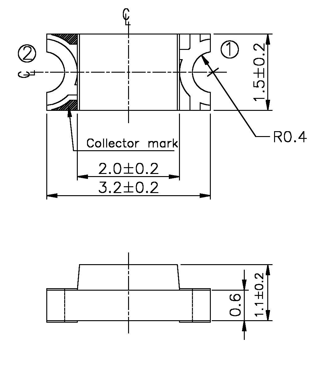 Technical drawing of a component with dimensions and tolerances. Top: Side view, bottom: Front view. Dimensions in millimetres.