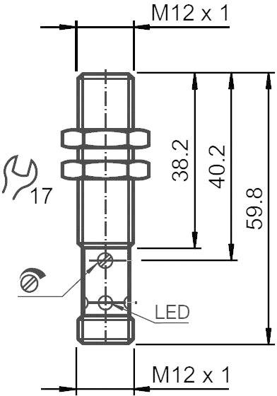 Technical drawing of a component with LED, screws and dimensions: M12 x 1, lengths 38.2 mm, 40.2 mm, 59.8 mm, spanner size 17.