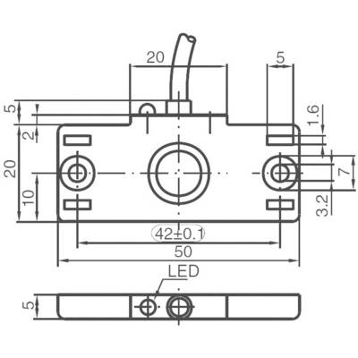 Technical drawing of an electrical component with dimensions in millimetres. Shows connections, LED position, and mounting holes.