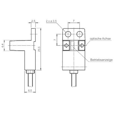 Technical drawing of a rectangular component with detailed dimensions; 'optical axis' and 'operational indicator' are marked.