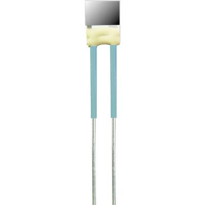 An electrical resistor with two blue wires and metallic terminals at the bottom. The resistor is covered with yellow material.
