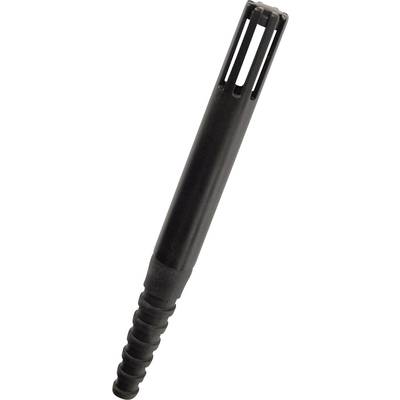 A black, rod-shaped measuring instrument with slits at the upper end and a ribbed handle at the lower end.