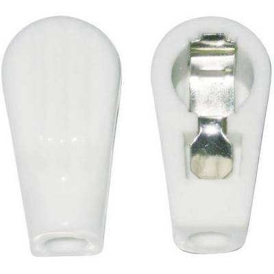 Two white, bell-shaped plastic electrical installation caps, one viewed from the side and one from below with a metal clamp.