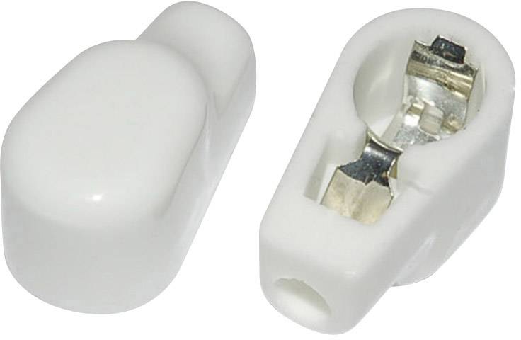 Two white electrical fuses, one open, one closed, show the metal contacts and robust housing material.