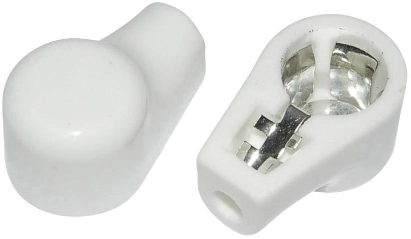 Two white plastic parts, a complete knob and an opened counterpart with metal contact inside, against a white background.