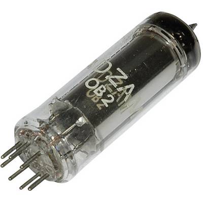 A glass tube with metal pins, probably an electron tube, with the inscription '0B2' on it.