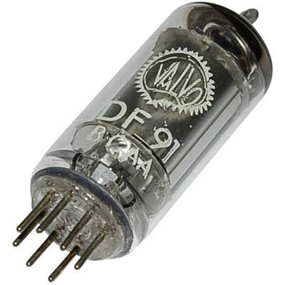 An old electron tube with the inscription 'DF91', showing metal pins at the bottom and a logo at the top.