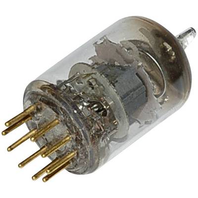 An old vacuum tube with several metal pins at the bottom end, enclosed within a glass casing.