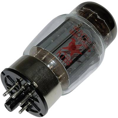 KT88 electron tube with multiple pins and a transparent glass body. Used in high-performance audio amplifiers.