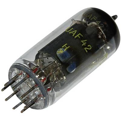 Electron tube labelled 'UAF42', showing metal pins and a transparent casing, used in electronic devices.