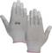 Grey safety gloves with CE and ESD certification, palms facing upwards. Suitable for electrostatic protected areas.
