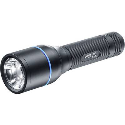 Black torch with blue ring and UV marking on the side, suitable for professional use.