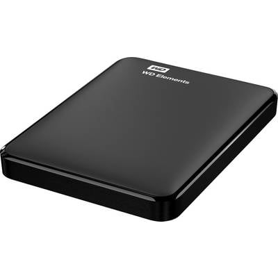 Black external hard drive with 'WD Elements' written on the surface.