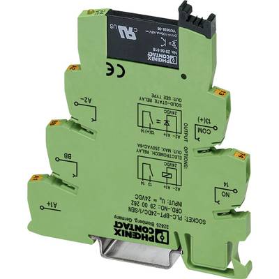 Green Phoenix Contact solid-state relay with connection terminals, product number 2293266, suitable for switchboard applications.