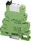 Green Phoenix Contact relay module with multiple connections and 'Push-in' inscription for simple application in control cabinets.