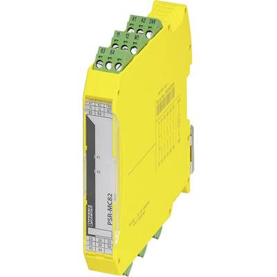 A yellow safety relay from Phoenix Contact, model PSR-MC82, with green terminal blocks. Suitable for industrial control systems.