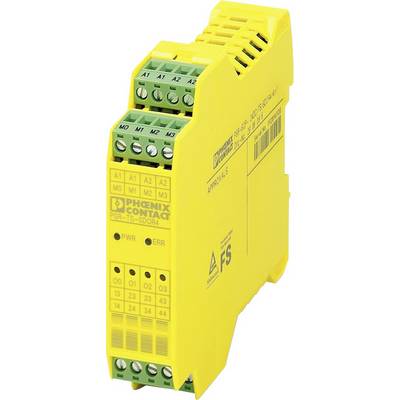 A yellow safety relay from Phoenix Contact, model PSR-SCP-24DC/ES-500/1X1/1X2, with screw terminals and status indicators.