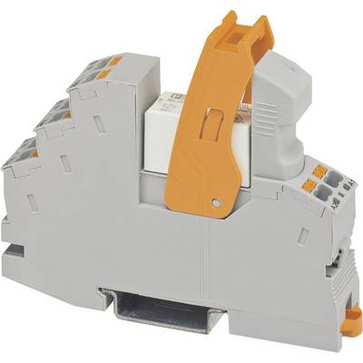 A grey, modular electrical component with an orange lever, mounted on a DIN rail. It is used in electrical control cabinets.